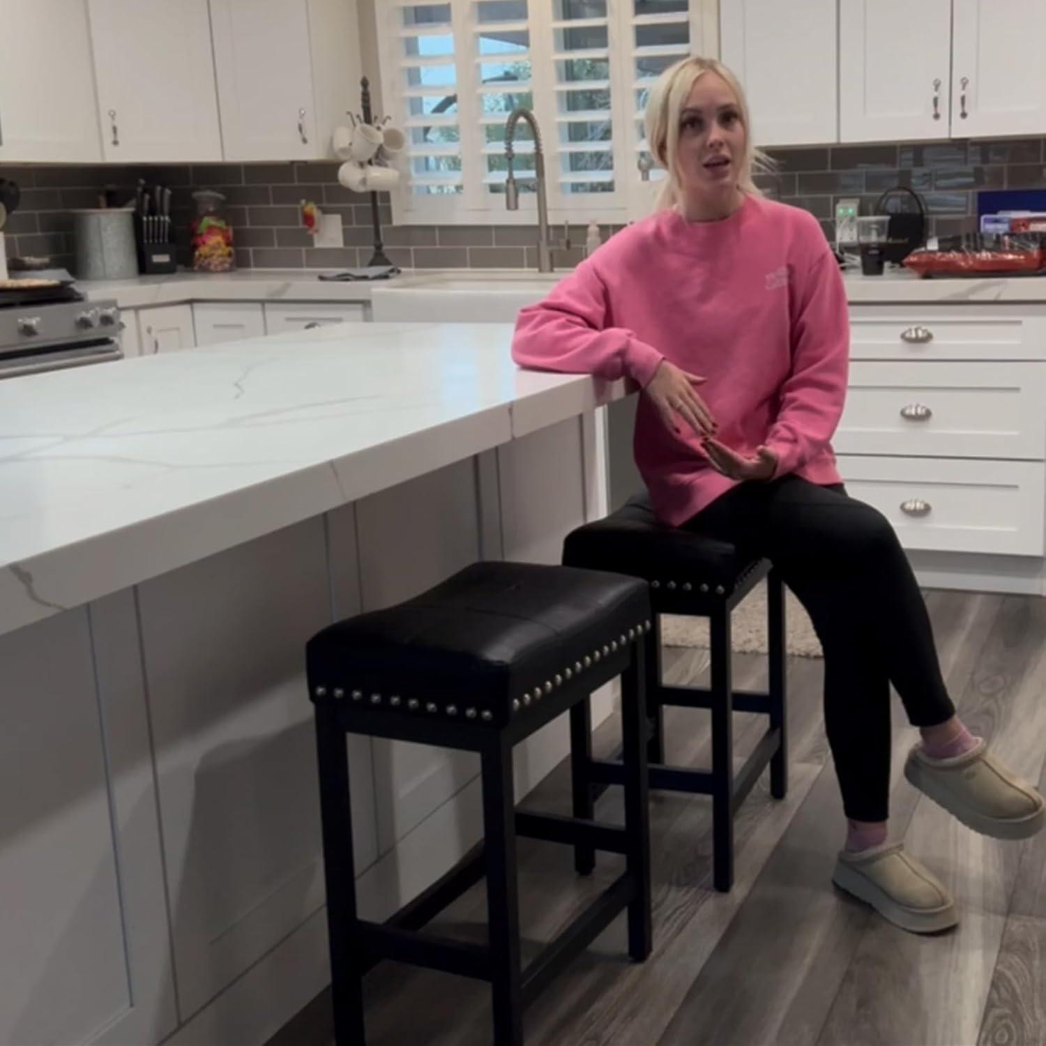 edx Bar Stools Set of 4, Modern Counter Height, 24 Inch Kitchen Barstools with Metal Base, PU Leather Saddle Seats for Kitchen Island, Black