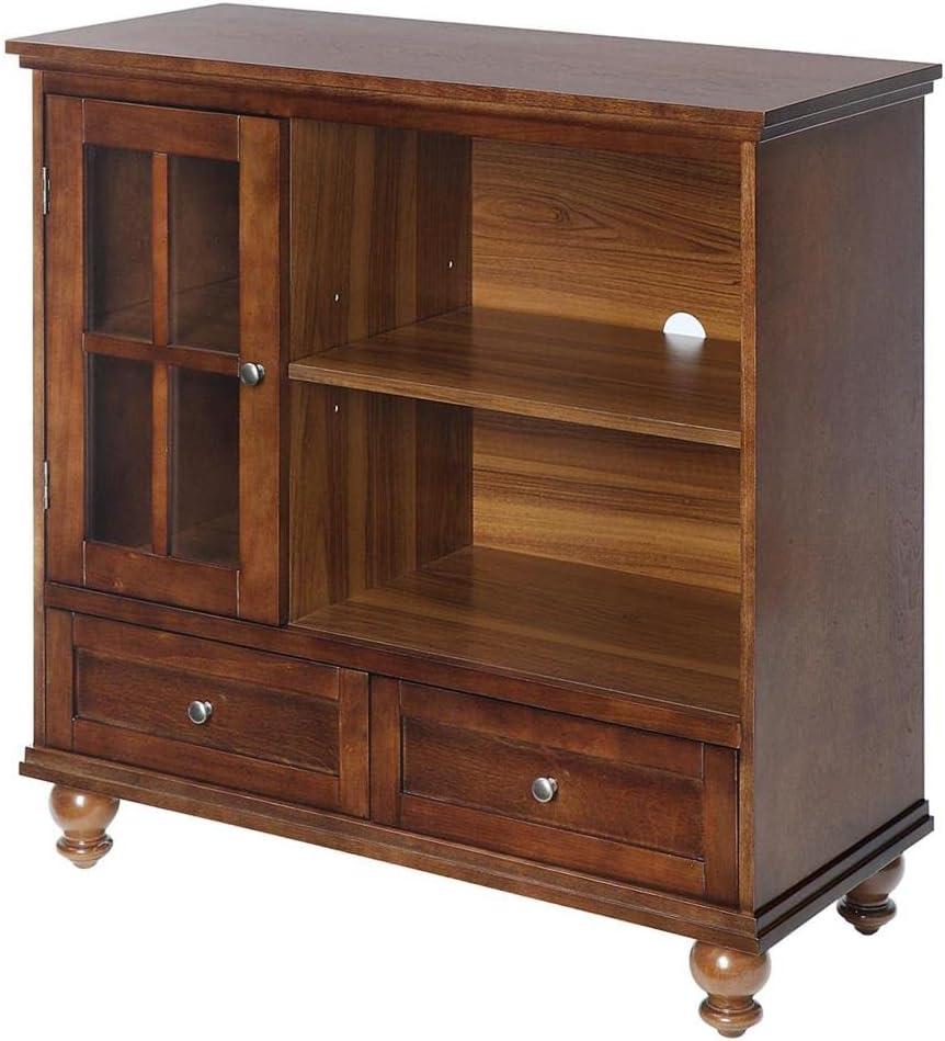 Espresso Highboy TV Stand with Tempered Glass Cabinet and Antique Brass Knobs