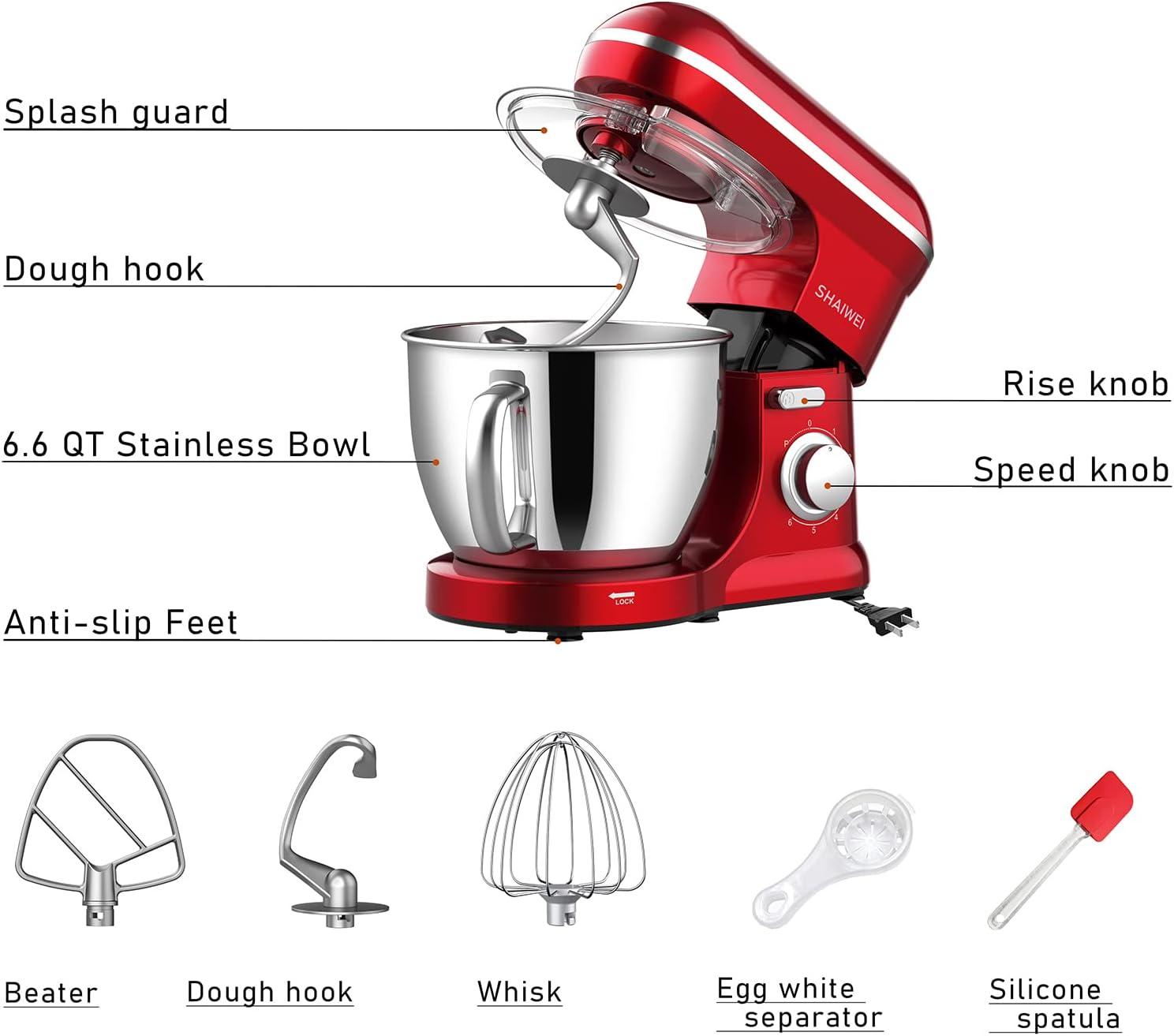 Honinst 6.5 qt Stand Mixer, Red with Dough Hook, Whisk, Beater, Bowl