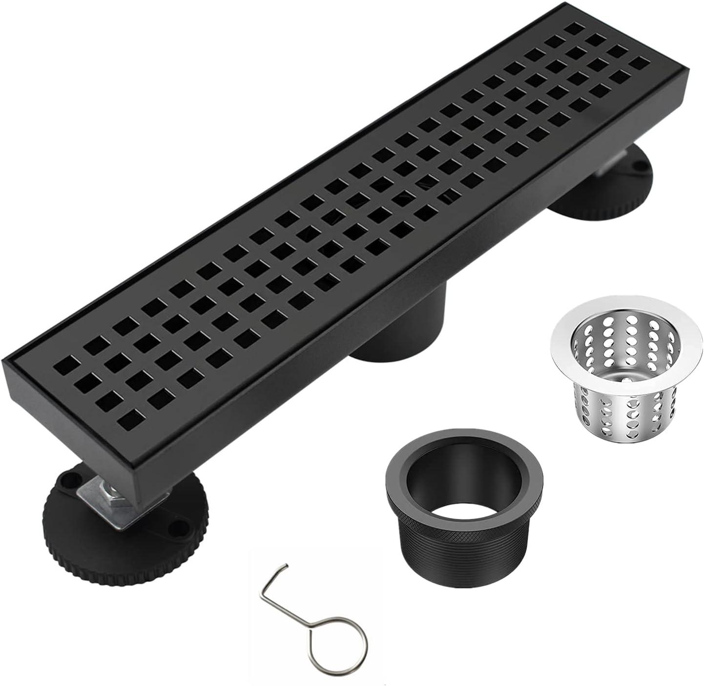 Black Shower Drain, Linear Shower Drain 12 Inch with Square Hole Panel, Matte Black Linear Drain with Hair Strainer and Leveling Feet