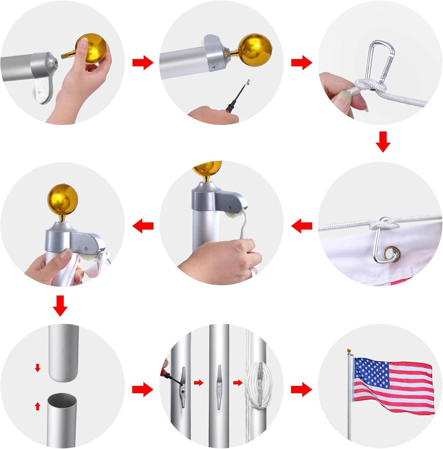 Yescom Bravery 20 Ft Aluminum Sectional Flagpole Kit 3'x5' US Flag Gold Ball Kit Hardware Outdoor Garden Halyard Pole