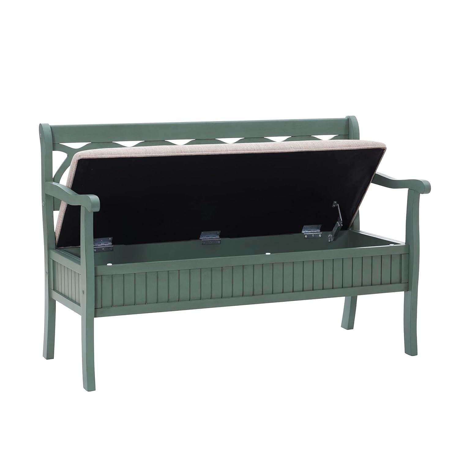 Powell Elliana Storage Bench, Teal Finish with Beige Fabric