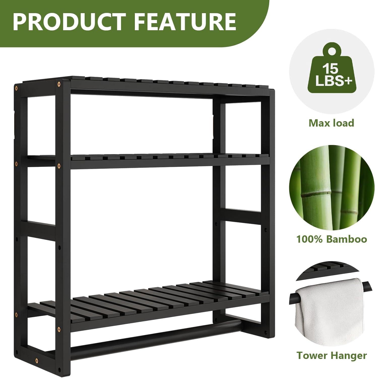 Bamworld Bamboo Bathroom Shelves Organizer Towel Rack for Storage Black Adjustable 3 Tiers Floating Shelf over the Toilet Storage with Hanging Rod