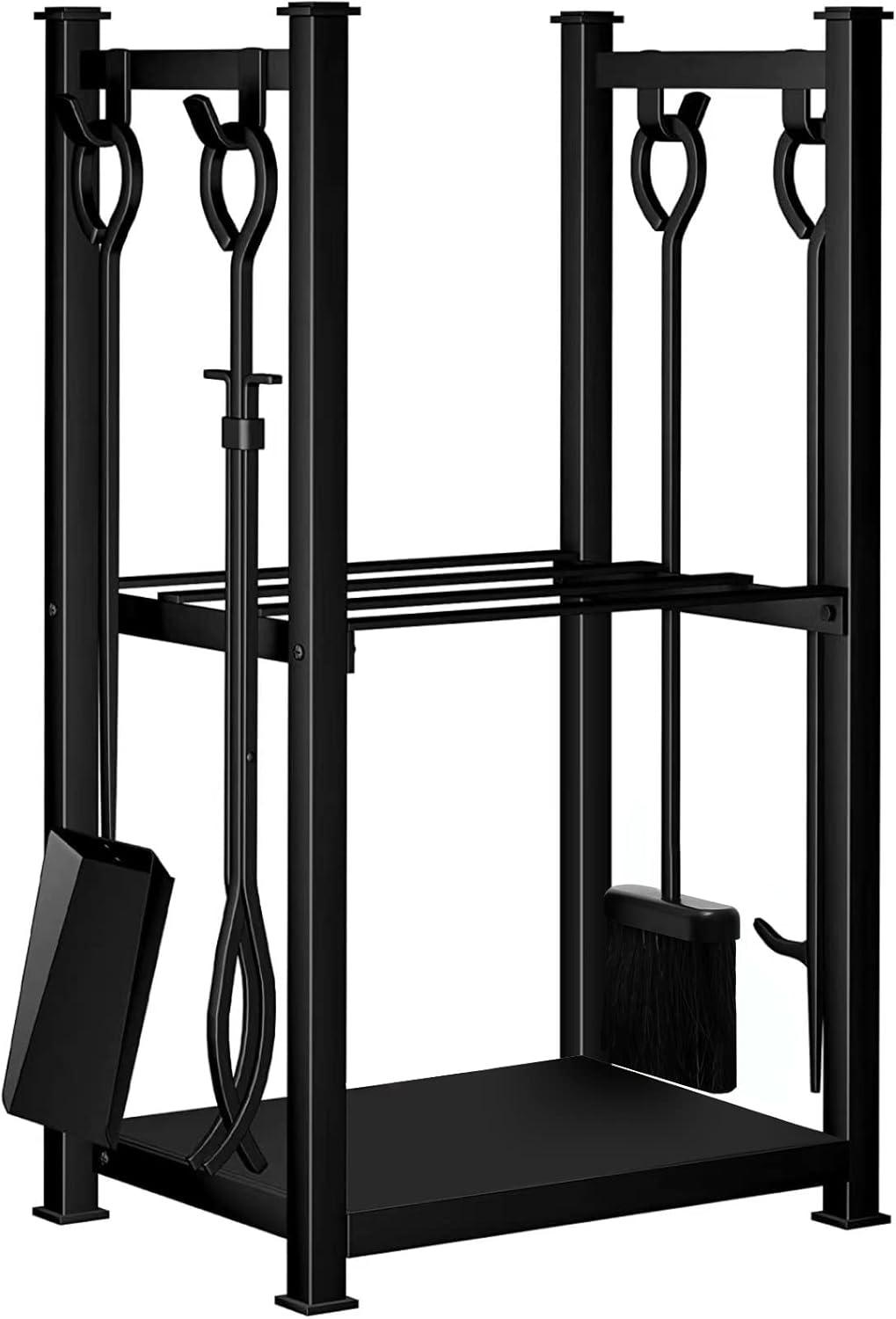 Black Wrought Iron Firewood Rack with Tools Set