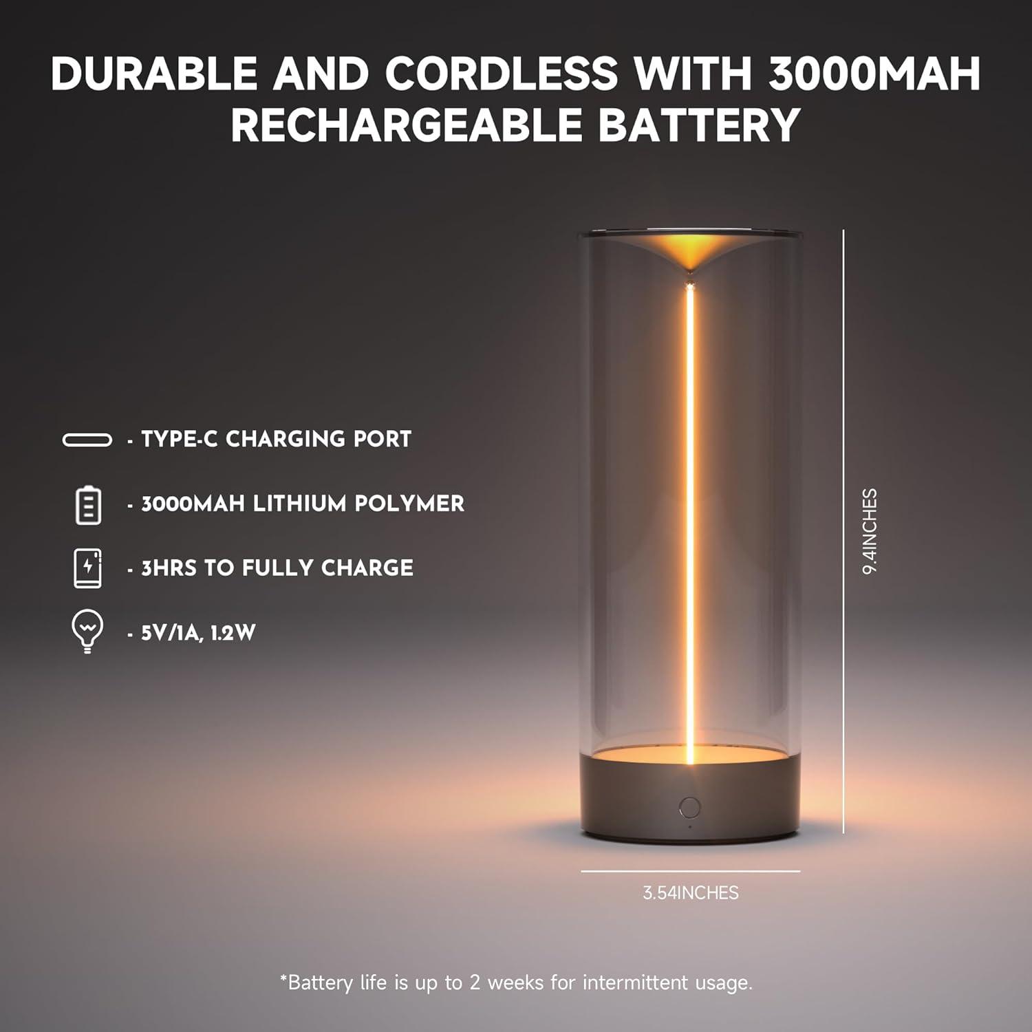 Gray Cordless Cylinder LED Bedside Lamp with Acrylic Shade