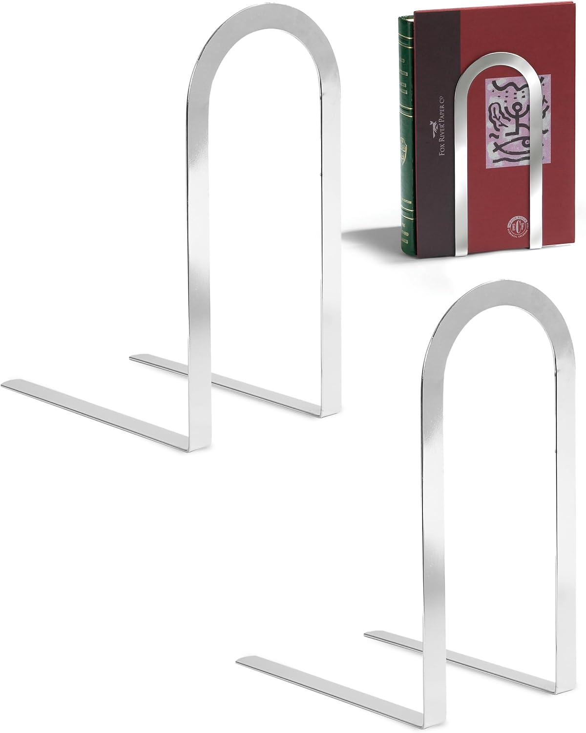 Spectrum Elements Book Ends for Shelves, Large- Decorative Bookends Book Shelf Organizer for Heavy & Light Books - Modern Metal Book Holders with Minimalist Design - Chrome