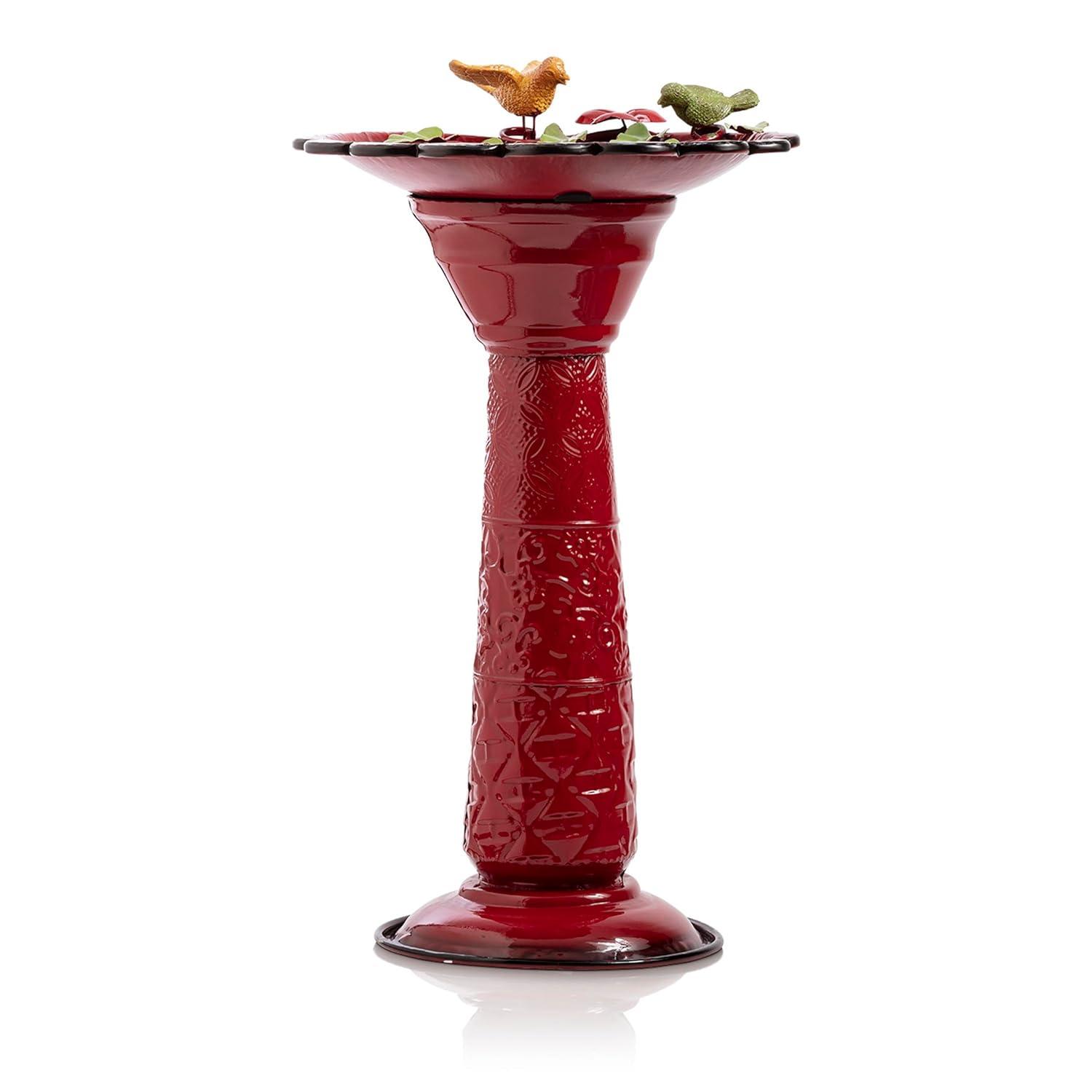 28" Metal Birdbath With Birds And Leaves - Red - Alpine Corporation