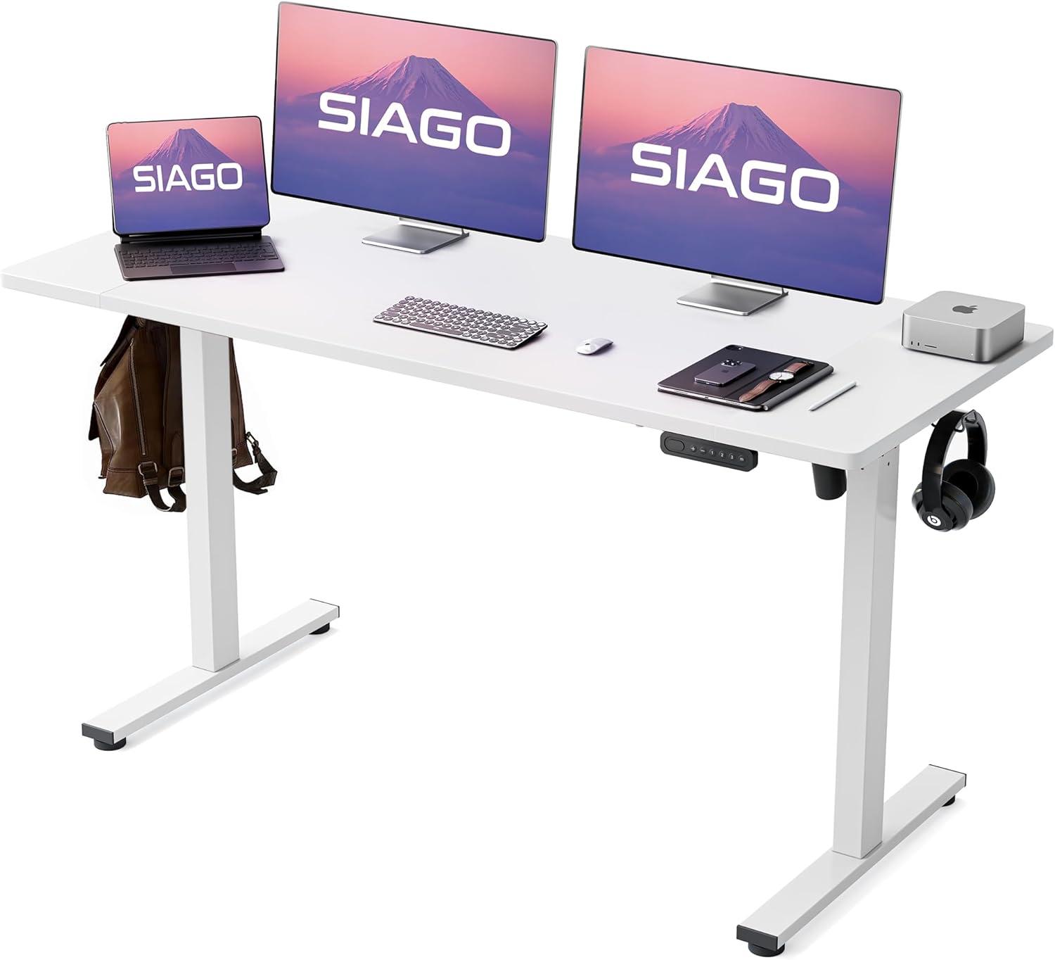 White Adjustable Height Standing Computer Desk with Headphone Hook