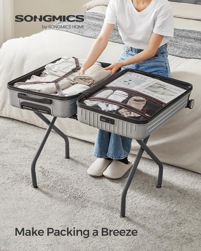 BINO 2-Pack Folding Luggage Rack Collapsible Metal Suitcase Stand With Durable Black Nylon Straps- For Bedroom, Guest Room, Or Hotel (Gray Steel)