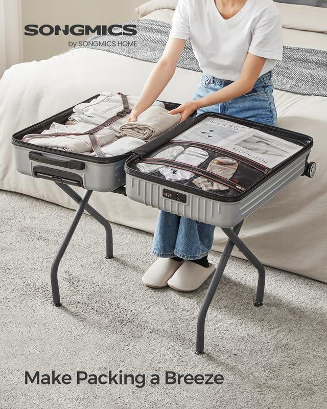 BINO 2-Pack Folding Luggage Rack Collapsible Metal Suitcase Stand With Durable Black Nylon Straps- For Bedroom, Guest Room, Or Hotel (Gray Steel)