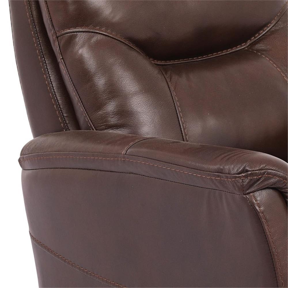 Traditional Brown Leather Swivel Recliner with Wood Accents