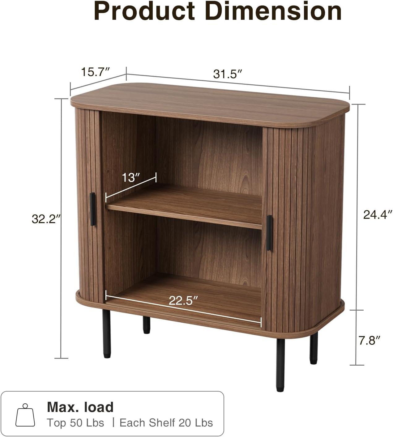 31''W Walnut Buffet Sideboard Cabinet with Storage, Fluted Accent Storage Cabinet with Curvy Edge, Sliding Door, Freestanding Credenza, Console Table for Living Room, Kitchen, Hallway