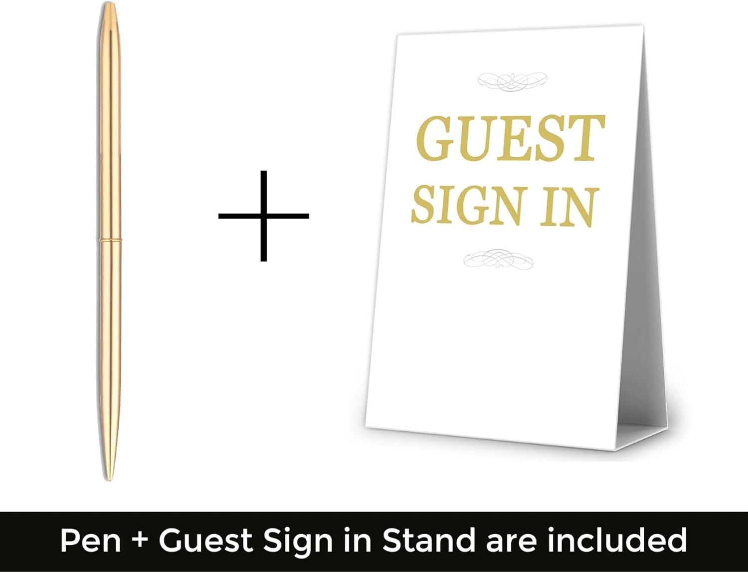 Merry Expressions Gold Guest Book & Pen - 9"x7" Hardcover White Polaroid Book 100 Page/50 Sheets - F Gilded Edges for Guests & Visitors to Sign at a Wedding, Party, Baby or Bridal Shower