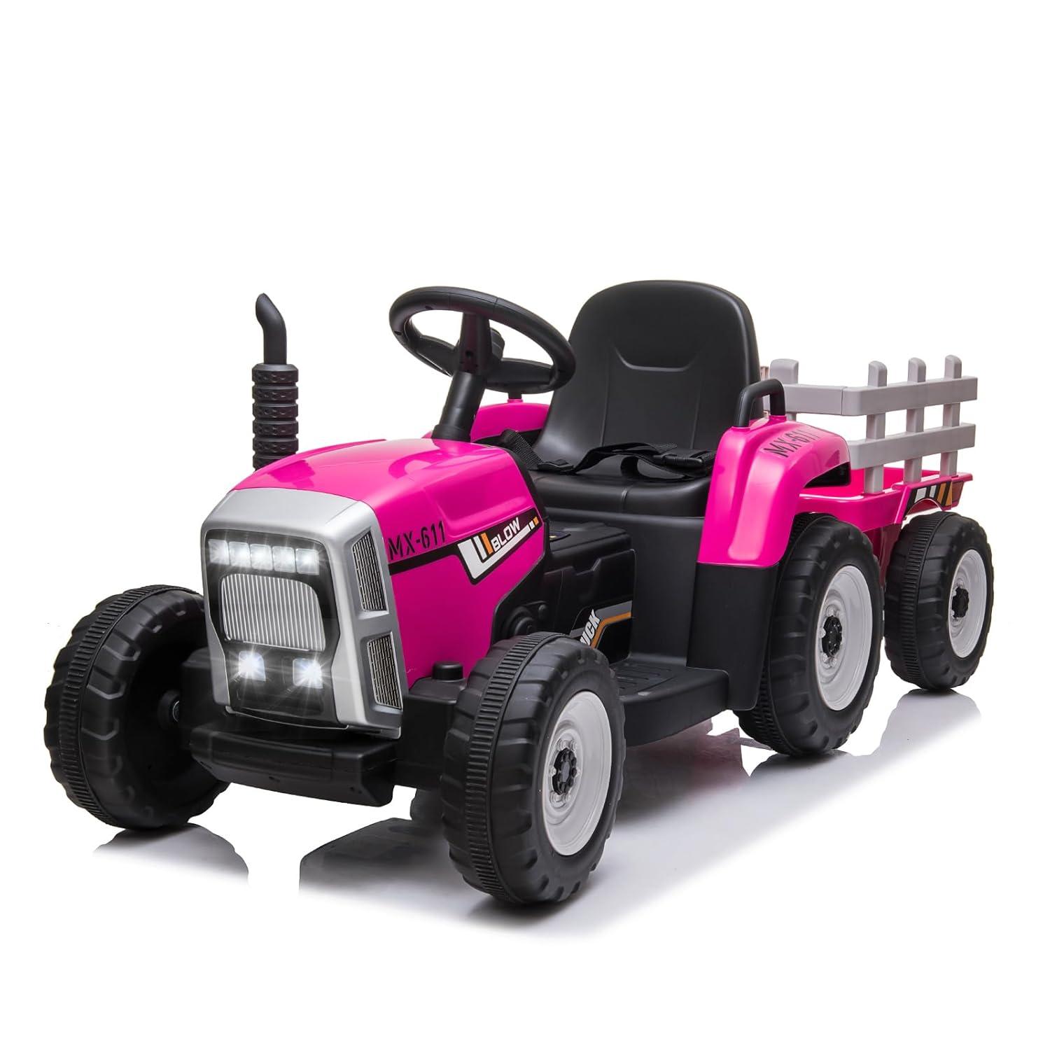12V Kids Battery Powered Electric Tractor with Remote Control and Trailer Toddler Ride Car With 7LED Headlight and 2+1 Gear Shift Music USB Port Suitable for Children 3+