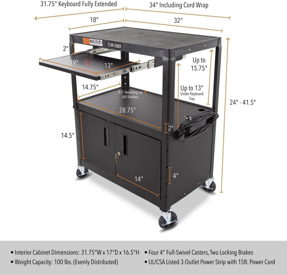 Black Adjustable Height AV Cart with Locking Cabinet and Keyboard Tray