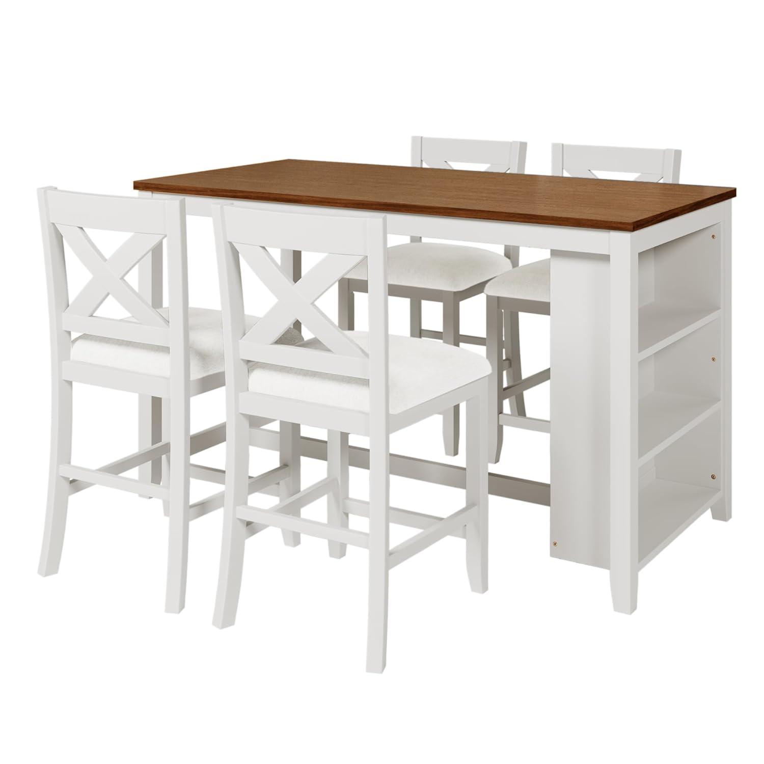 5 Pieces Counter Height Wooden Bar Table Set with 3-Tier Shelf and 4 Chairs, Rustic Farmhouse Dining Table Set for 4, White
