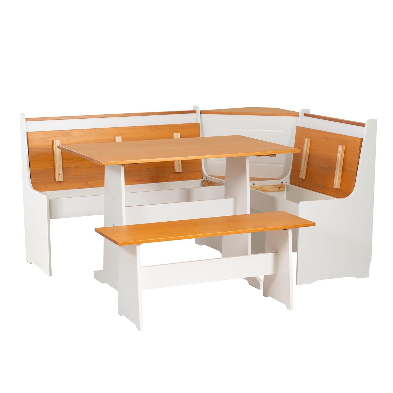 5pc Ardmore Breakfast Storage Corner Nook Dining Set Wood/White/Natural - Linon: Chic Farmhouse Style, Seats 6