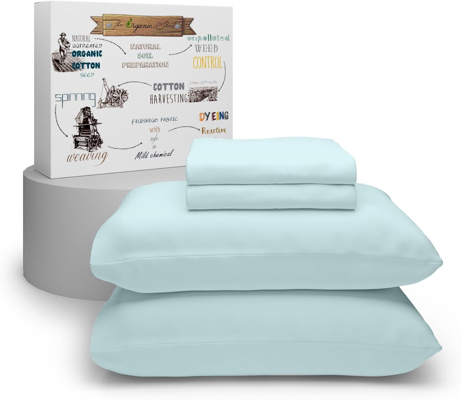 Purity Home Twin 300 Thread Count Organic Cotton Brushed Percale Sheet Set Aqua: GOTS Certified, Deep Pocket, OEKO-TEX Standard