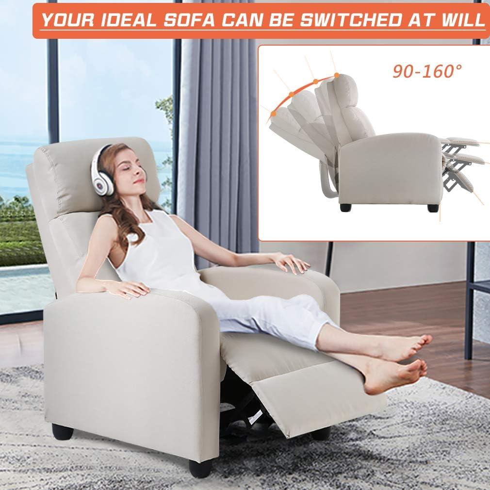 Beige Manual Push Back Leather Recliner with Metal Frame