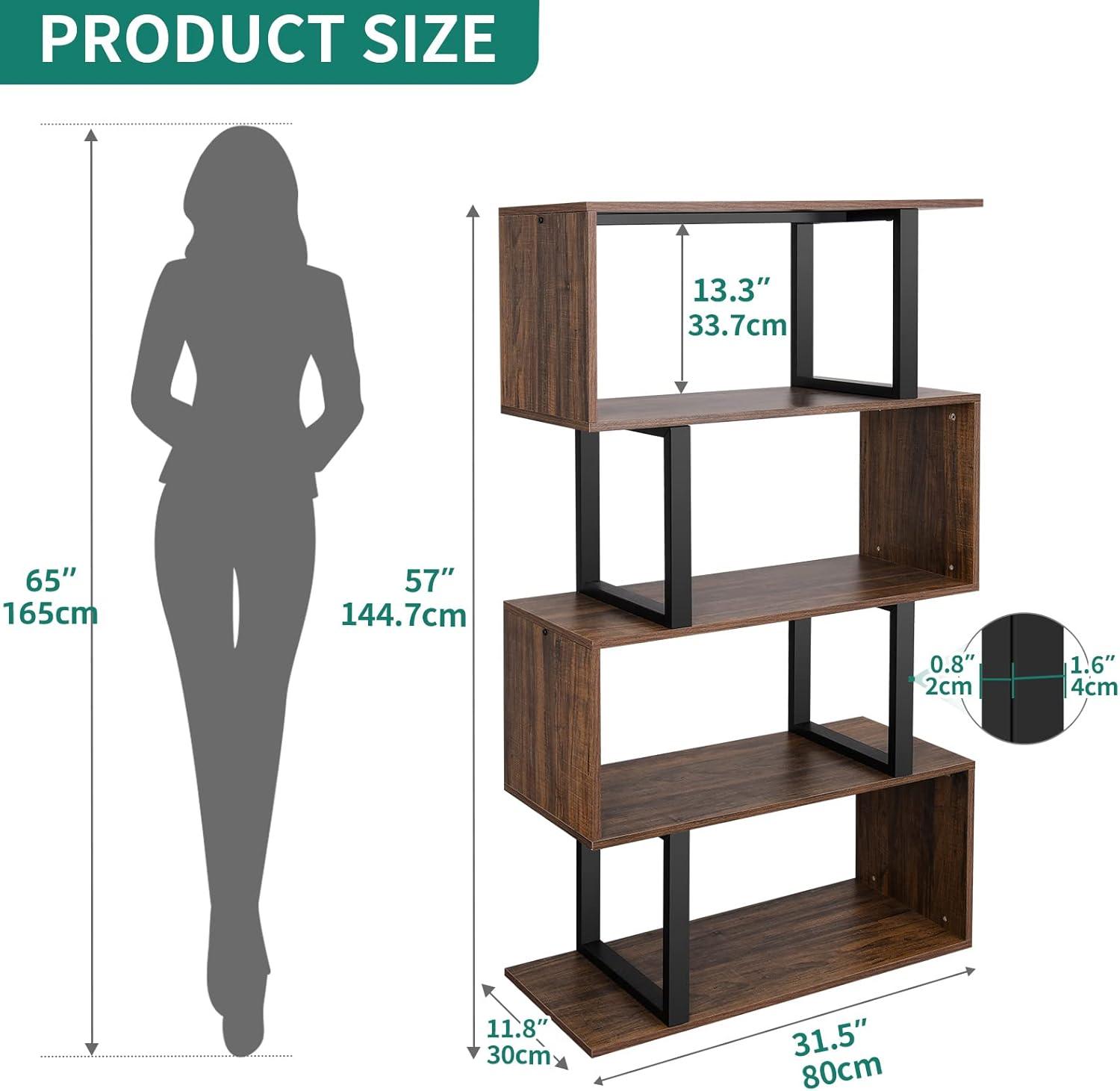 Retro Brown S-Shaped 5-Tier Particle Board and Metal Bookshelf