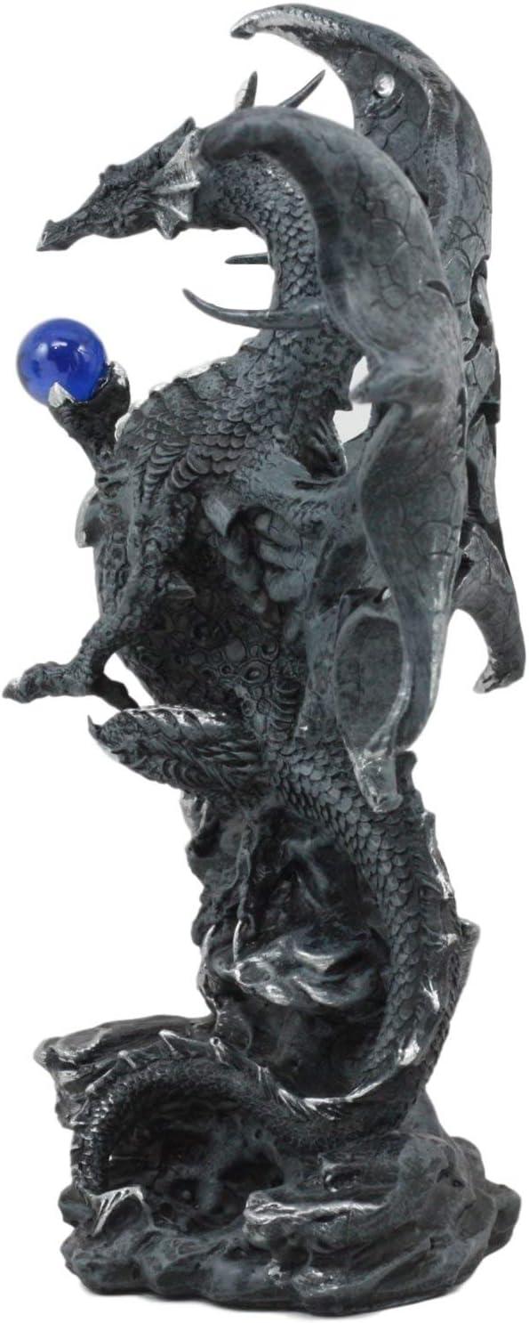 Gothic Black Resin Dragon Statue with Blue Orb