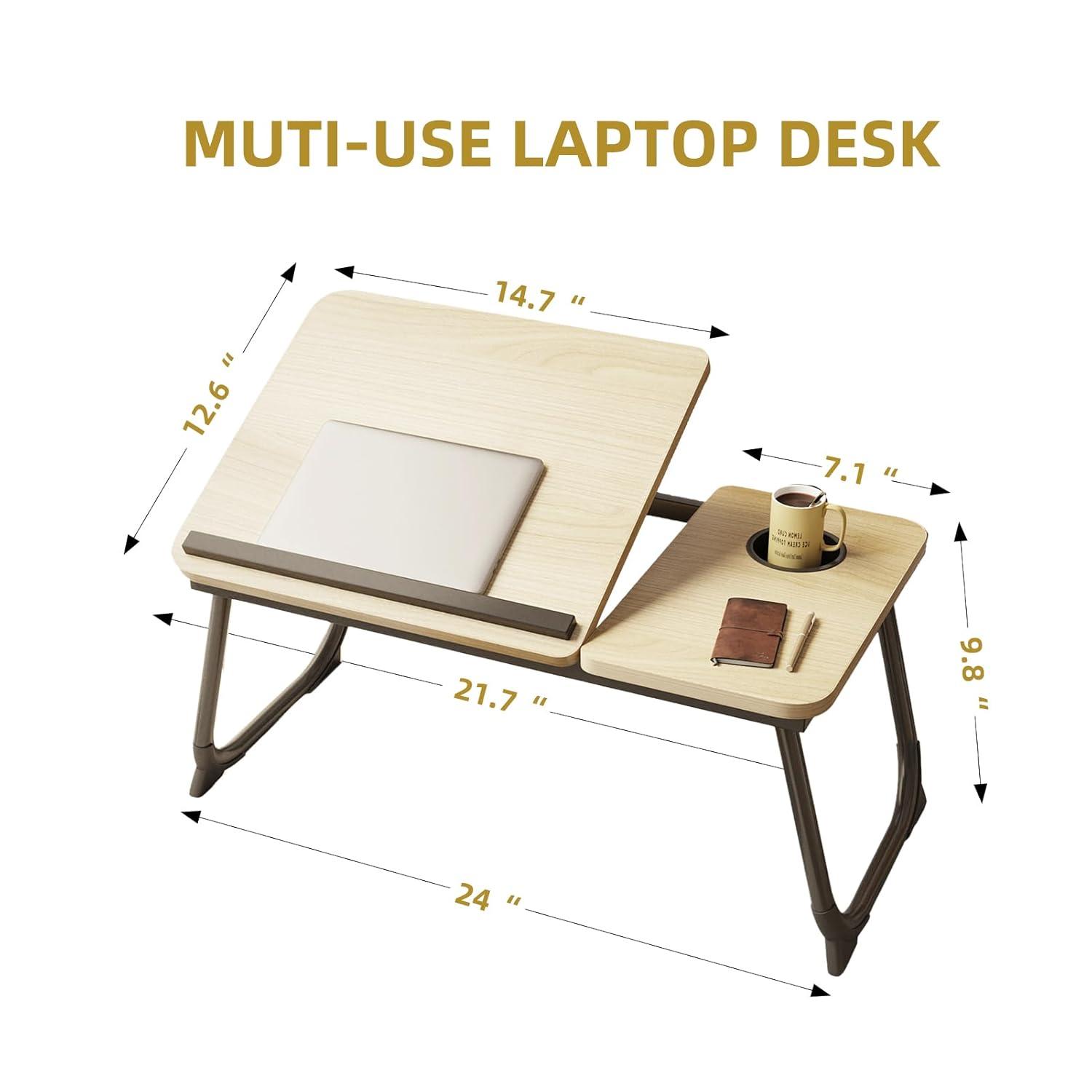 Bed Desk for Laptop, Foldable Laptop Table for Bed and Sofa, Bed Trays for Eating and Laptops with Cup Holder, 5 Levels of Adjustable Height