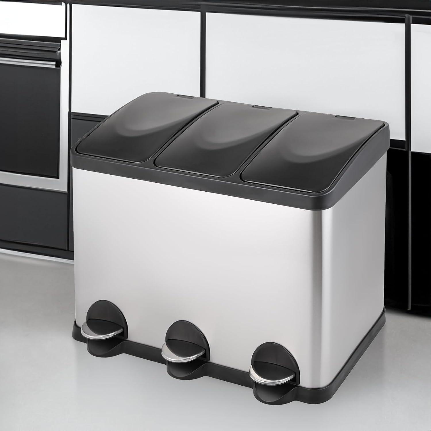 MoNiBloom 12 Gallon Trash Can with 3 Compartments, Step On Garbage Can with Soft-Close Lids and Inner Buckets
