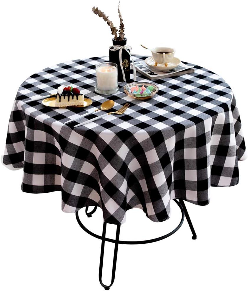 Buffalo Plaid Round Tablecloth Checkered Cotton Linen Table Cover for Kitchen Dining Room Home Decor ( Round - 48 Inch, White & Black )