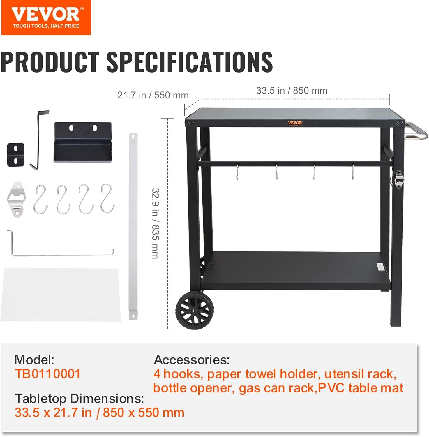 VEVOR Outdoor Grill Dining Cart with Double-Shelf, BBQ Movable Food Prep Table, Multifunctional Foldable Iron Table Top, Portable Modular Carts