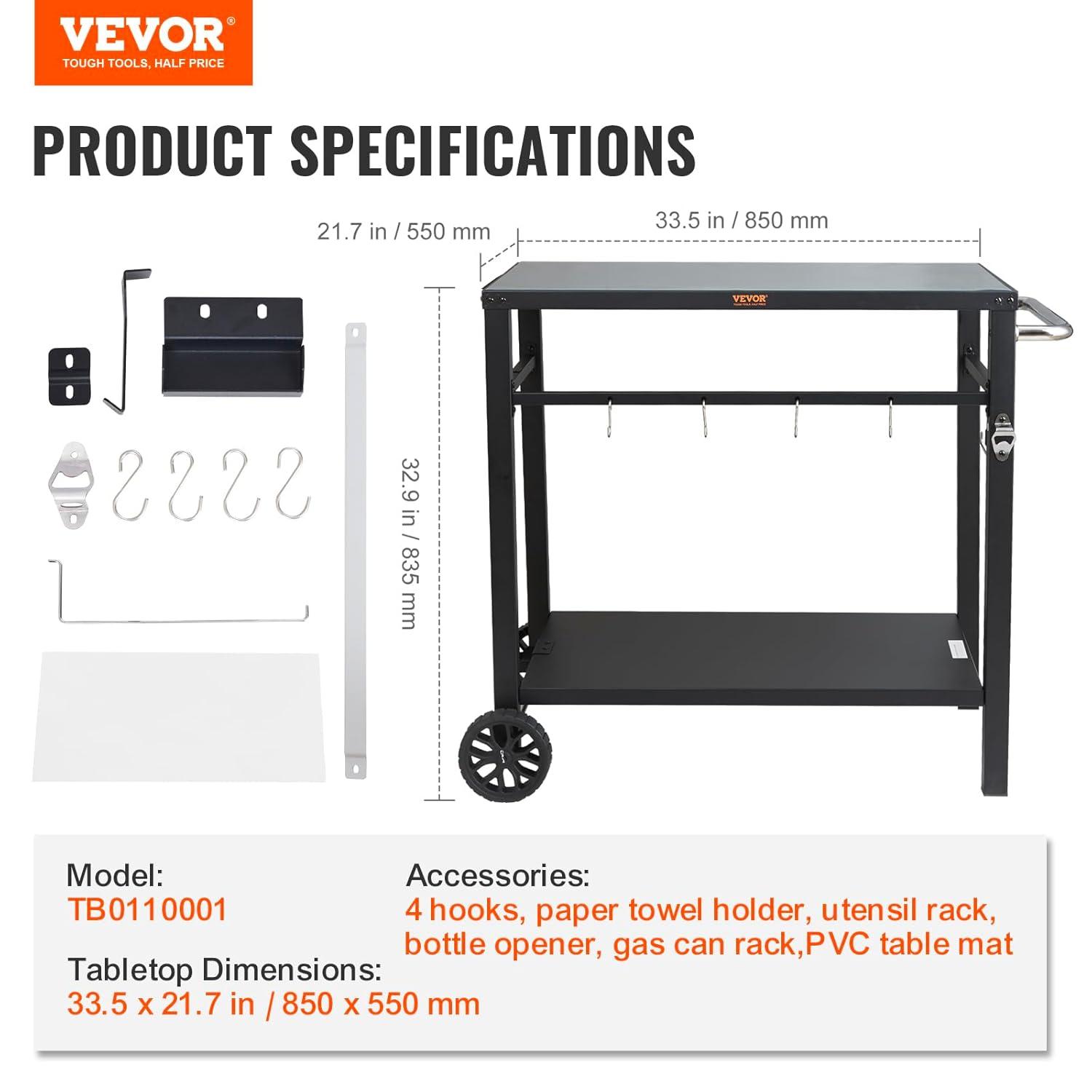VEVOR Outdoor Grill Dining Cart with Double-Shelf, BBQ Movable Food Prep Table, Multifunctional Foldable Iron Table Top, Portable Modular Carts
