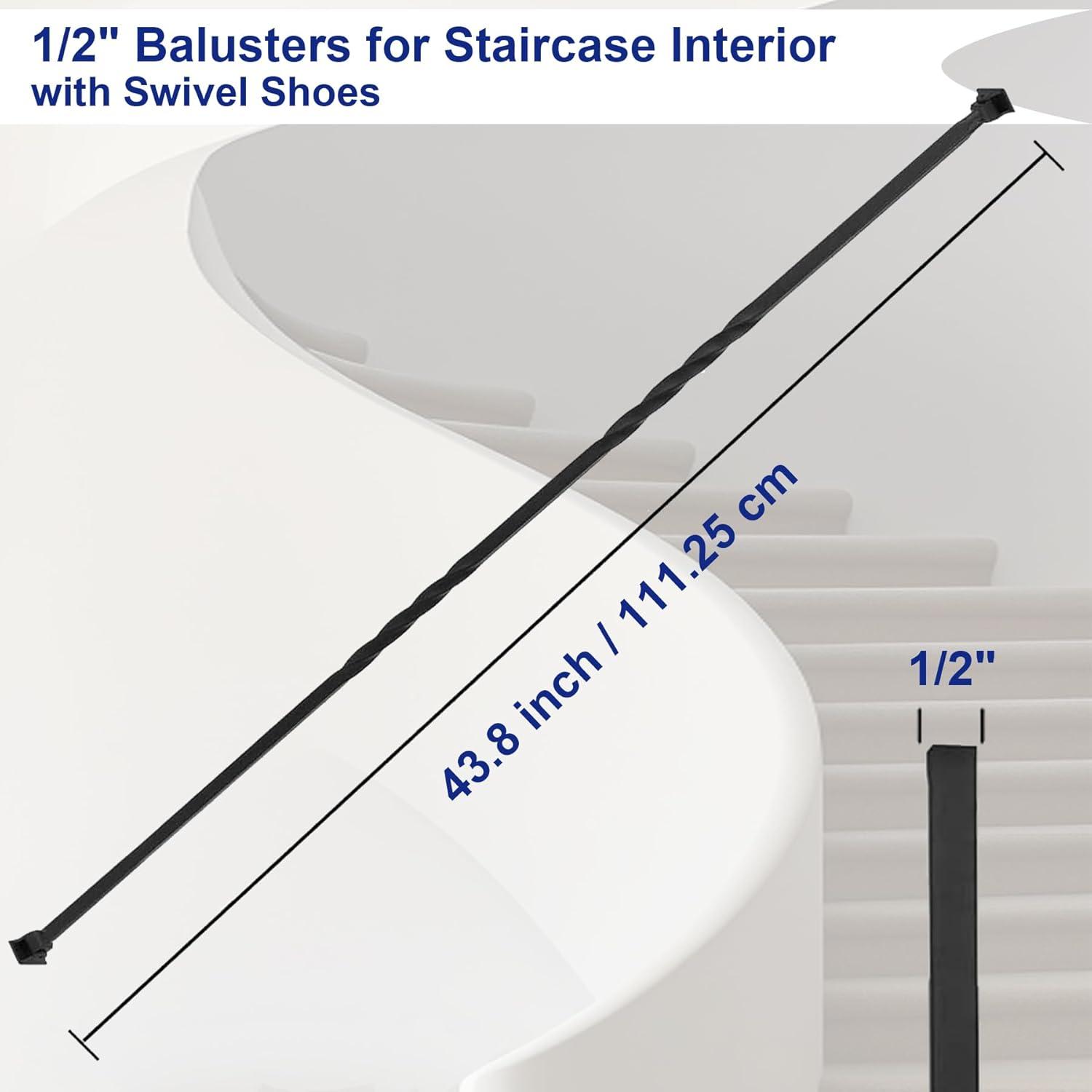 Staircase Metal Balusters, 44'' x 1/2" Galvanized Steel Decorative Banister Spindles, 10 Pack Deck Baluster with Hollow Twists, Satin Black Spiral Stair Railing with Shoes & Screws