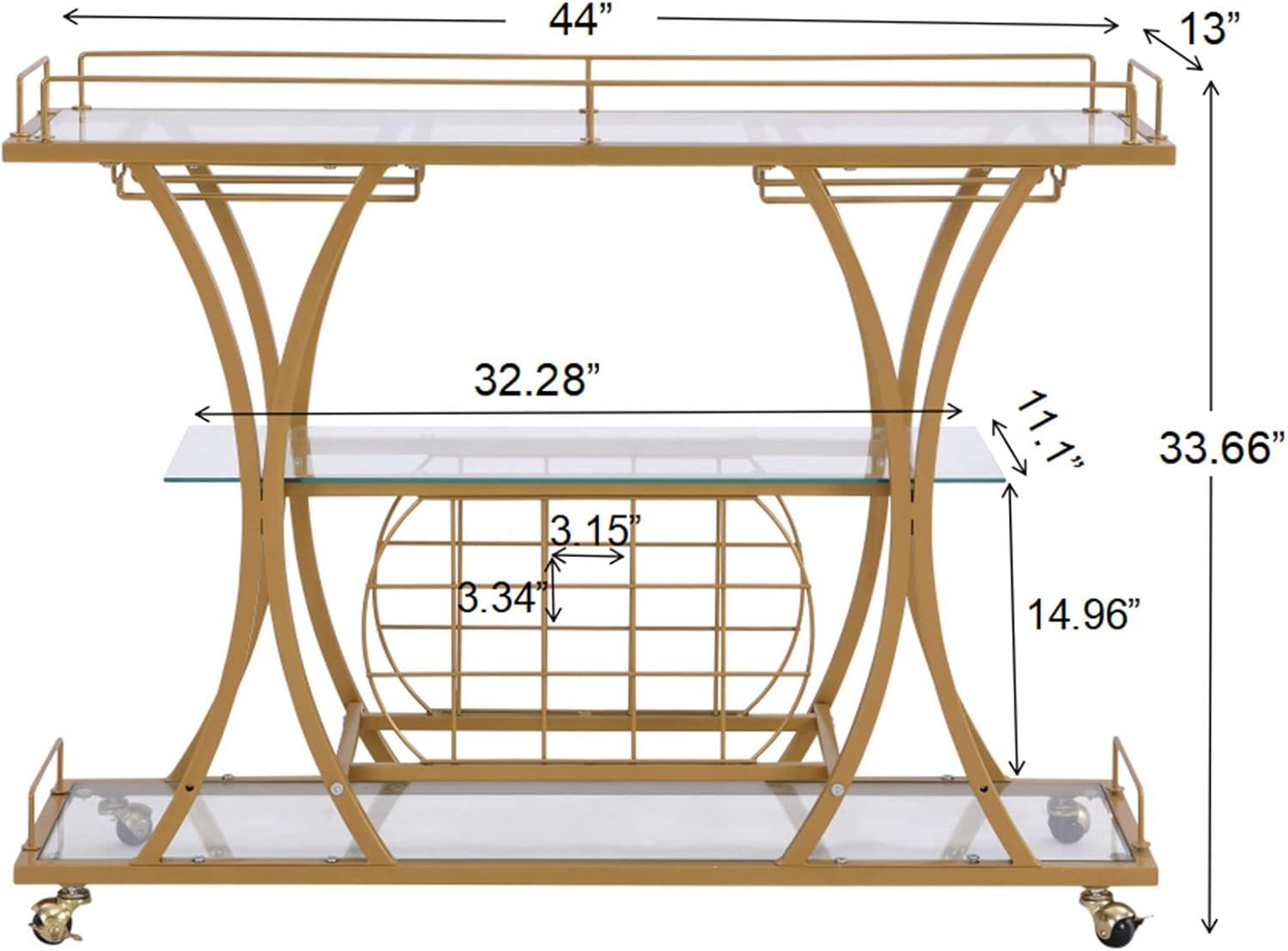 Gold Bar Carts with Glass Holders & Wine Rack,3 Tier,Glass Shelves