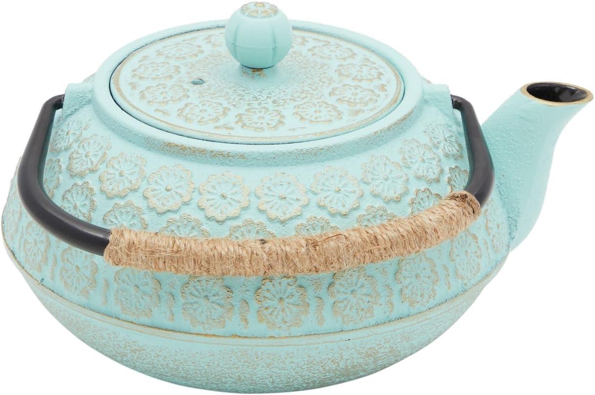 Juvale Cast Iron Tea Kettle, Japanese Floral Teapot with Loose Leaf Infuser and Trivet for Stove Top, 27 Oz, Light Blue