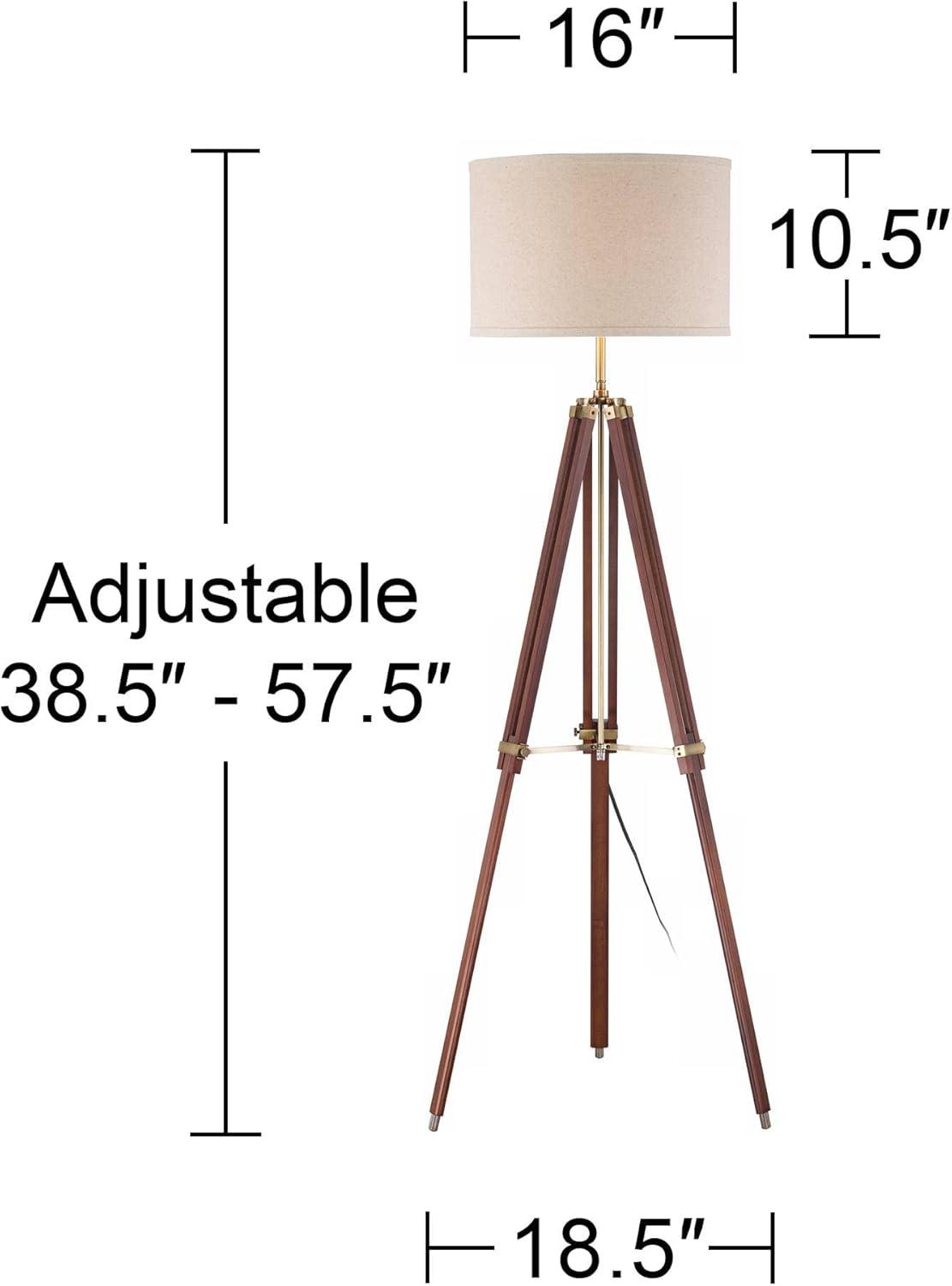 Possini Euro Design Surveyor Modern Tripod Floor Lamp 57 1/2" Tall Cherry Wood Adjustable Beige Linen Drum Shade for Living Room Bedroom Office House