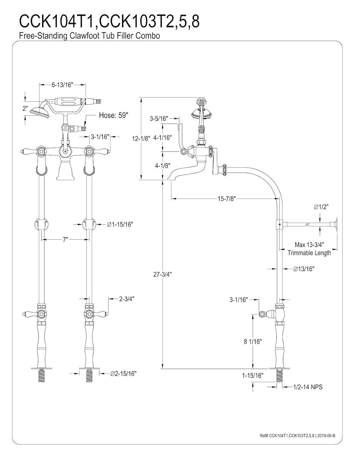Kingston Brass Vintage Three-Handle 2-Hole Freestanding Clawfoot Tub Faucet Package with Supply Line and Hand Shower