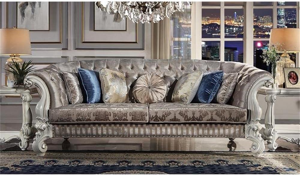 99" Versailles Sofa Ivory Fabric and Bone White Finish - Acme Furniture: Crescent-Shaped, Nailhead Trim, No Assembly Required