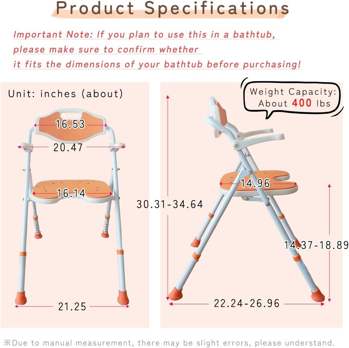 Lumizone Shower Chair 6-Level Adjustable Height with Armrests and Back Heavy Duty Foldable Bathtub Chair for Slip Resistant Thick Pipe U-Shaped Seat with Drain Holes Backrest and Waterproof Cushion