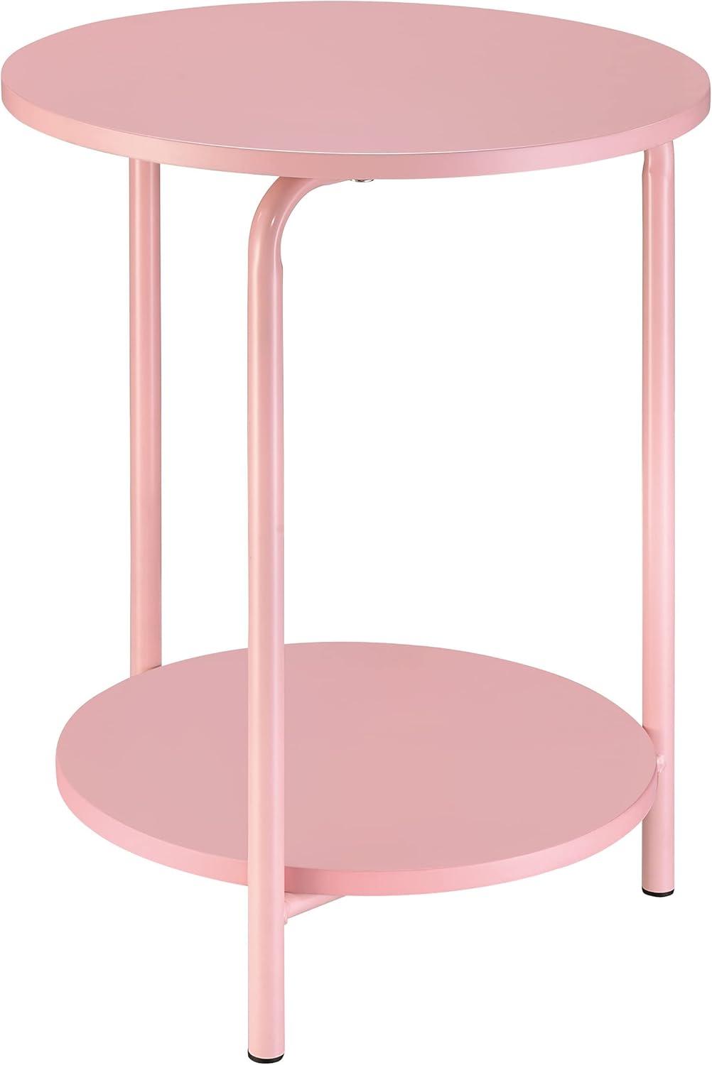 Pink Round Metal and Wood 2-Shelf Accent Table