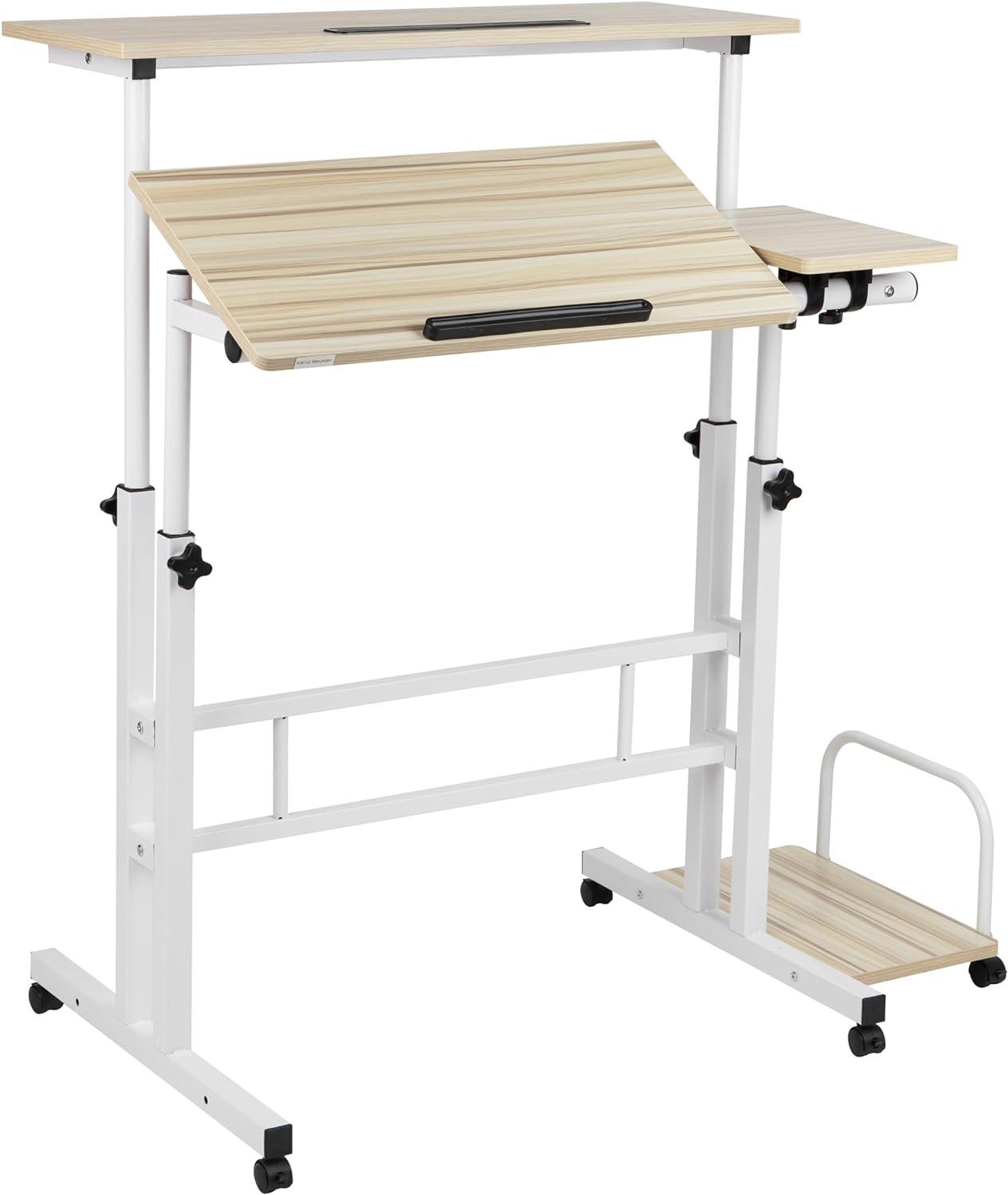 White Adjustable Height Mobile Standing Desk with Keyboard Tray