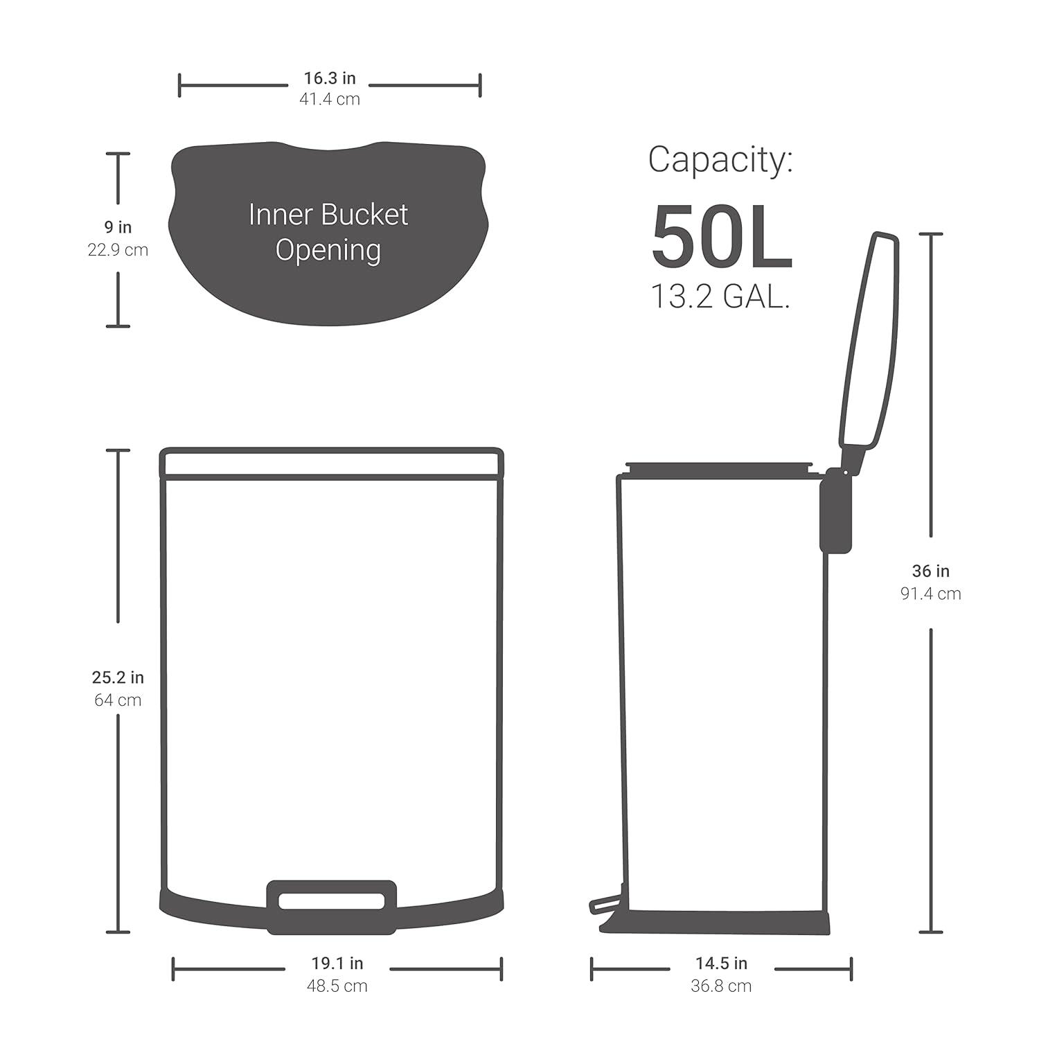 13 Gal. Matte White Stainless Steel Kitchen Trashcan, Step-on, D Shape