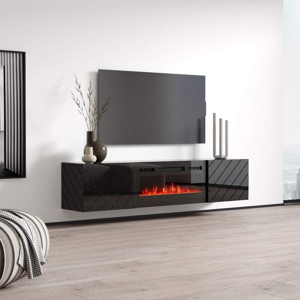 Black High Gloss 72" Floating Fireplace TV Stand with Storage