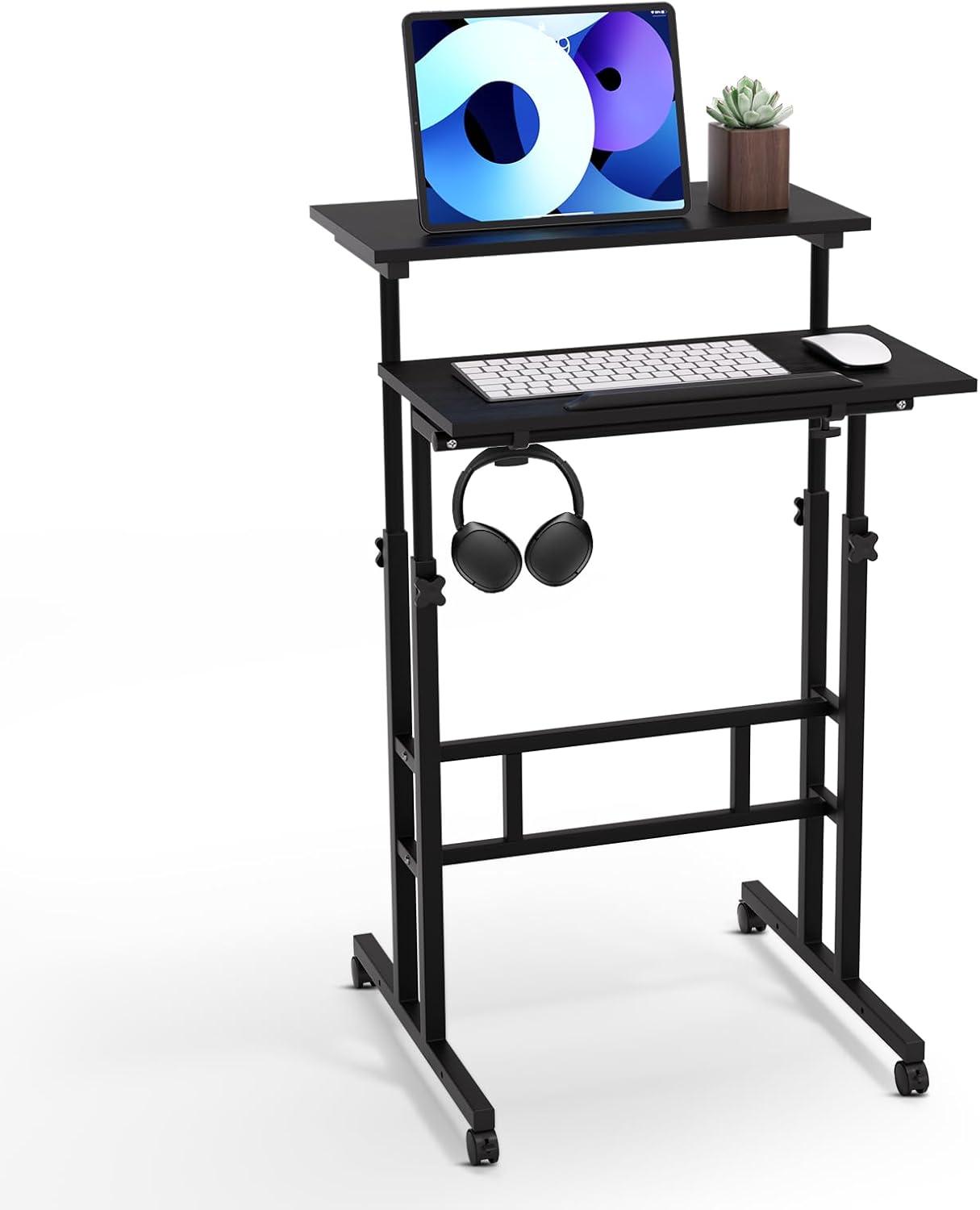 Inbox Zero Oziel Mobile Computer Desk, Adjustable Height Laptop Standing Desk with Tilting Tabletop and Monitor Shelf