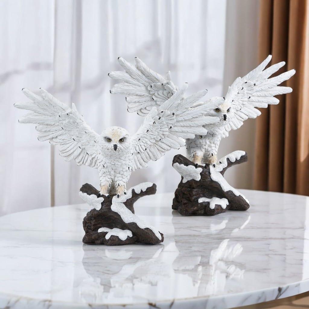 ICE ARMOR 6"W Snowy Owl Couple Standing on Tree Trunk Statue Wild Animal Decoration Figurine