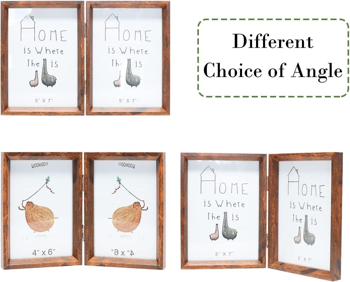 TOFOREVO 4x6 Double Picture Frame Rustic Brown Wooden Hinged Beveled Photo Frame Definition Glass 2 Vertical Openings Stand on Desktop Tabletop