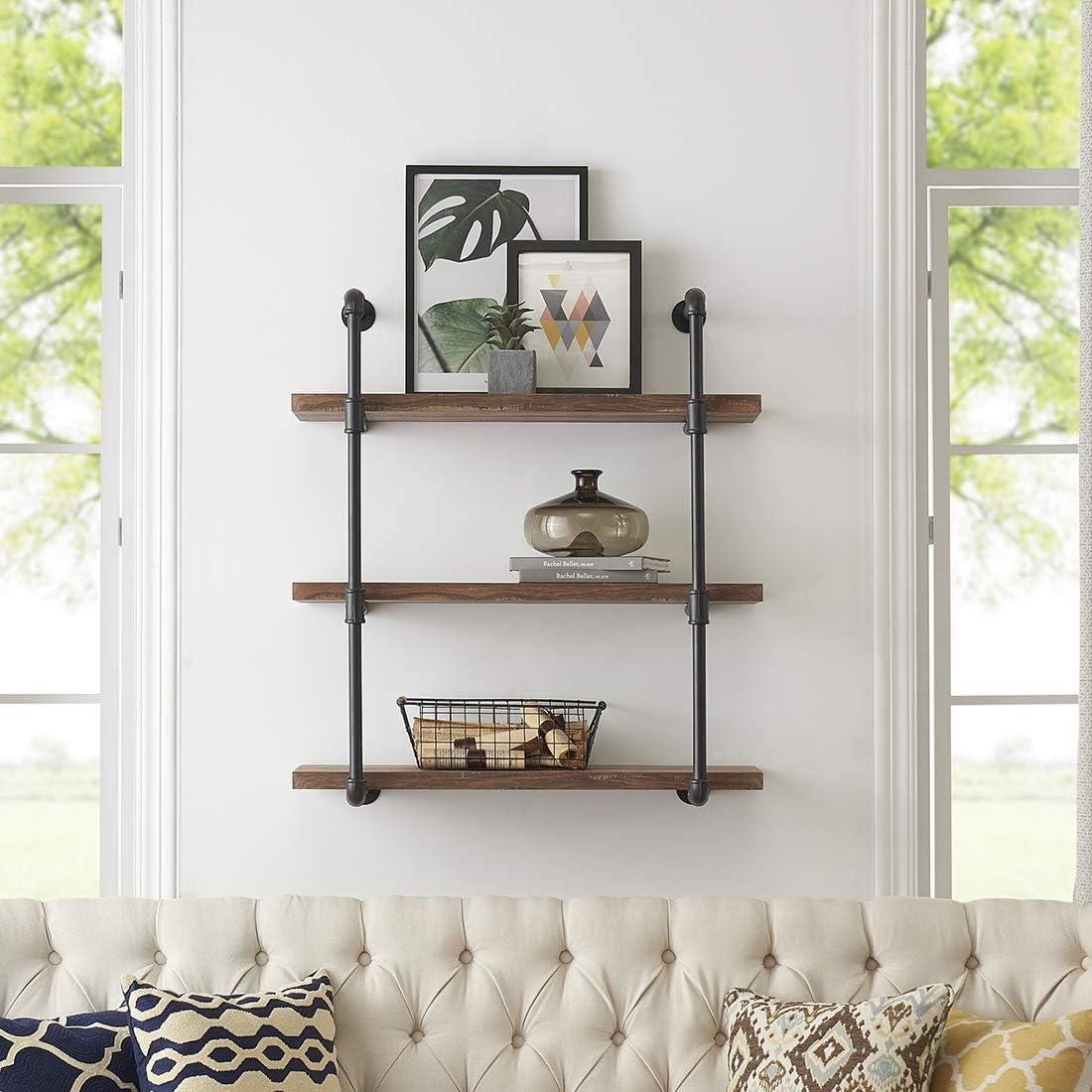 Danya B. 35" x 31.5" Three Tier Industrial Pipe Wall Shelf Natural: Laminated, Metal Frame, 90lb Capacity