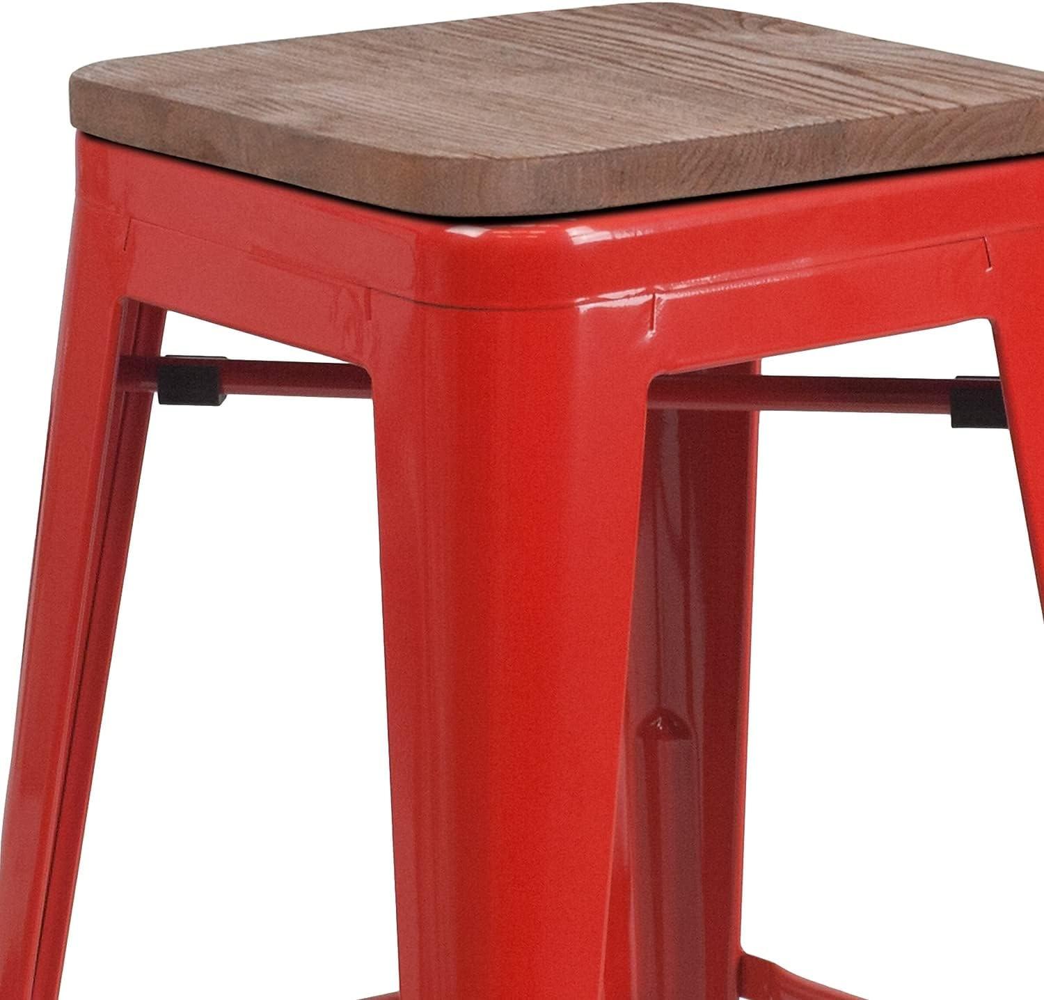 24" Red Metal & Brown Wood Backless Counter Stool