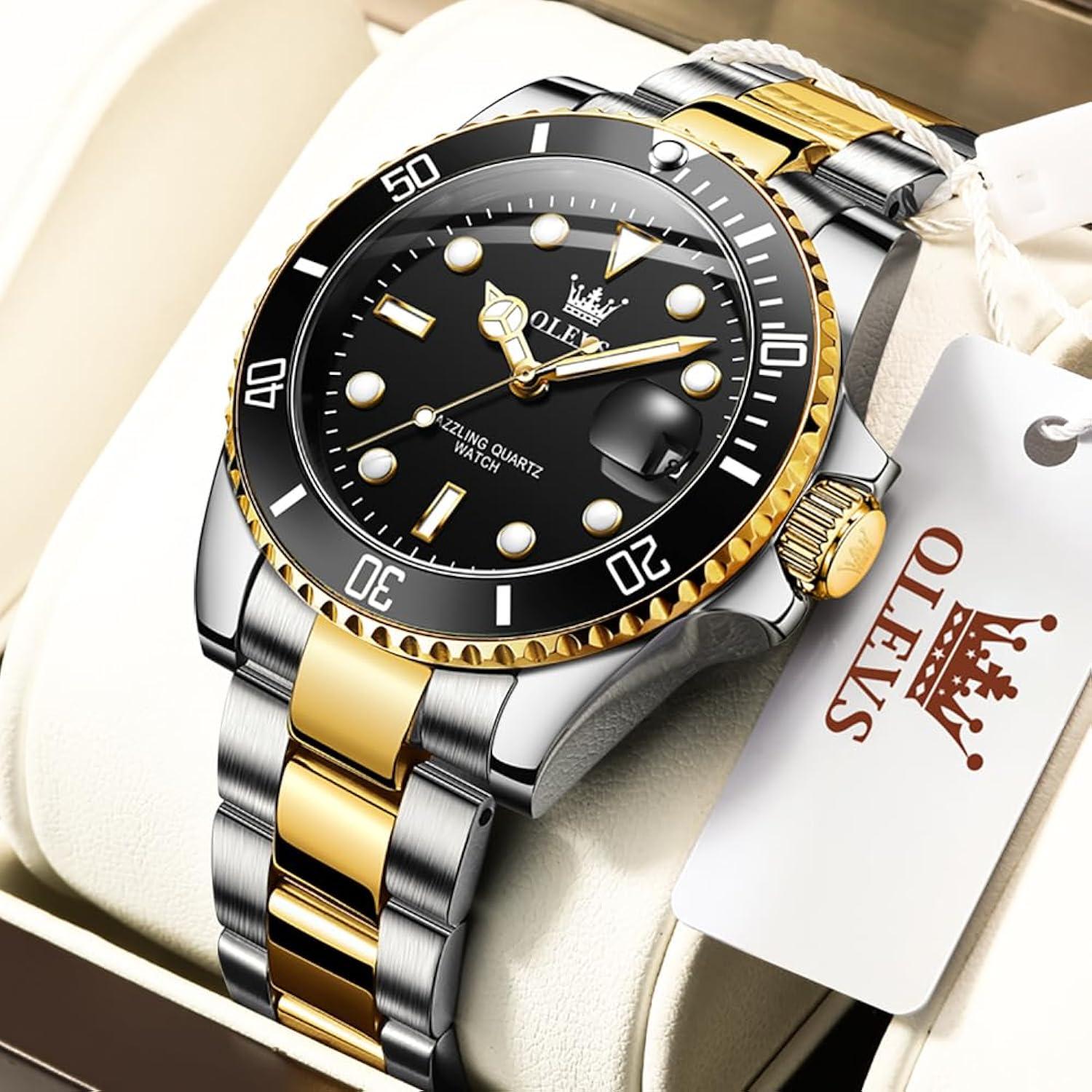 OLEVS Men Watch,Big Dial Watches for Men Stainless Steel Watch with Day Waterproof Analog Quartz Watches for Man Classic Business Wristwatch Luxury Luminous Round for Men Rotatable Bezel Watch