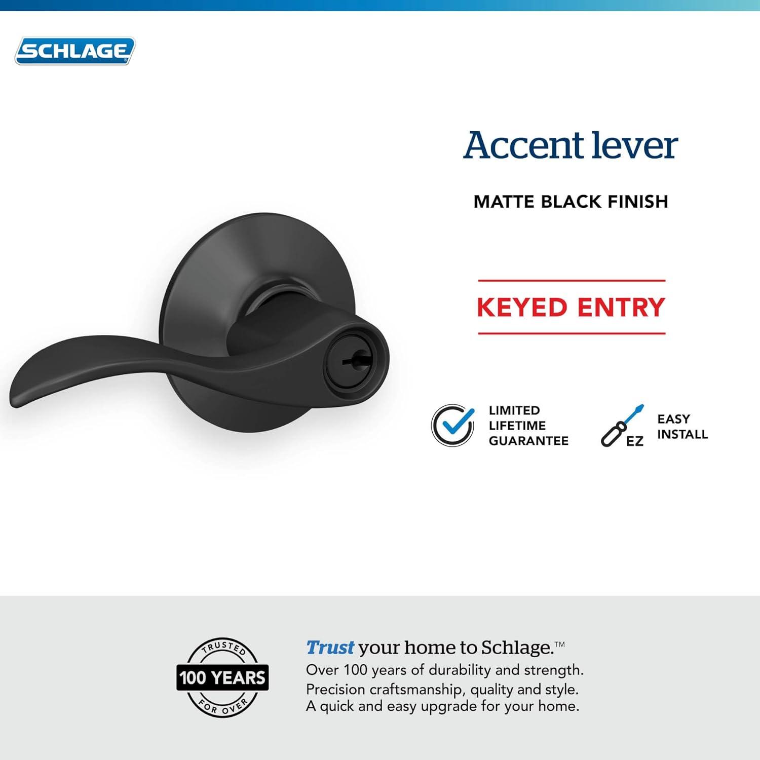 Schlage F51A ACC 622 Accent Door Lever, Keyed Entry Lock, Matte Black