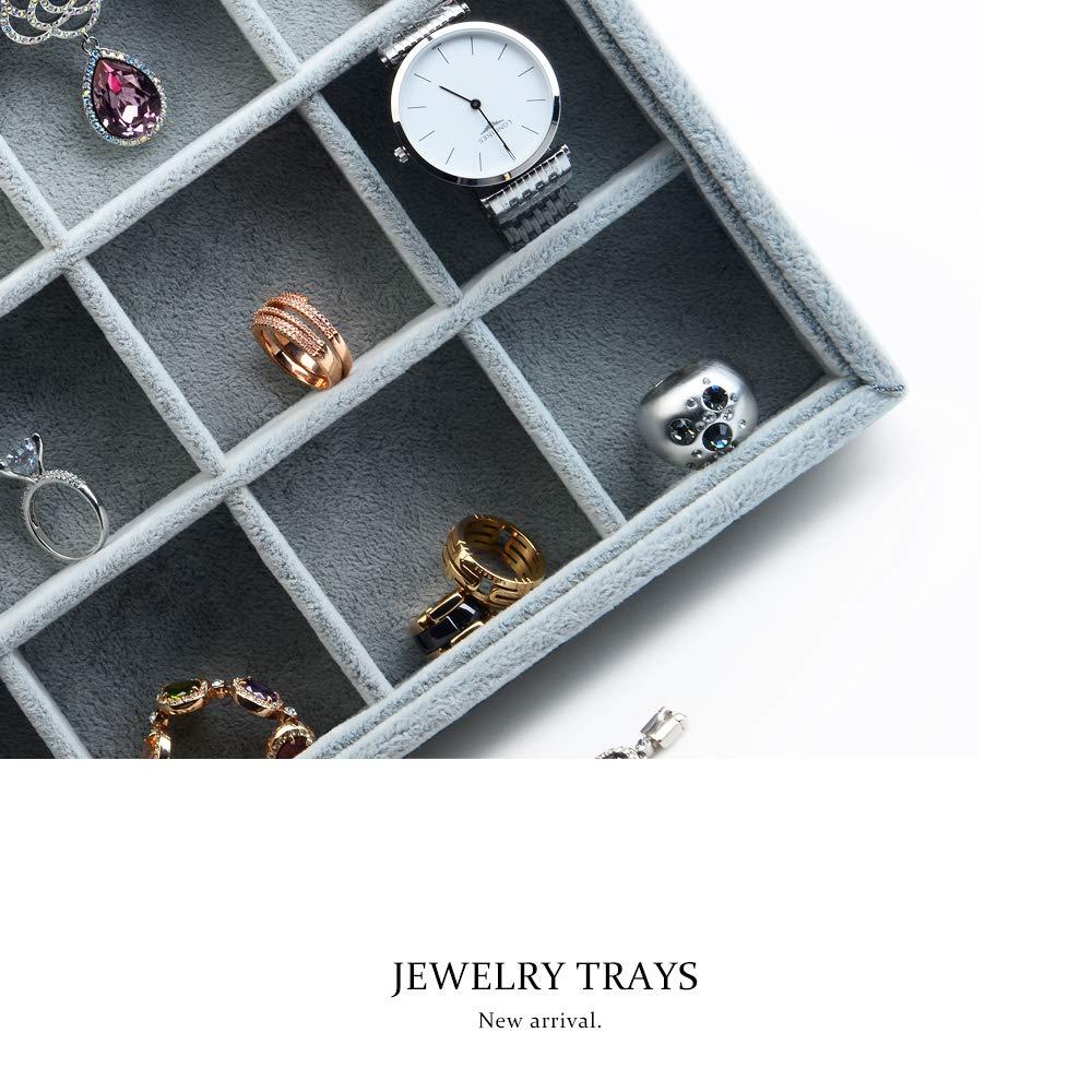 Coofanin Jewelry Box Jewelry Tray Stackable Display Drawer Showcase Organizer Storage Holder for Ring Earring Bracelet Gray Velvet 24 Grid (Grey )