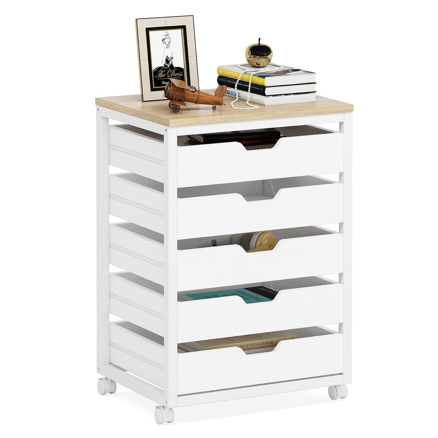Tribesigns 5 Drawer Chest, Wood Storage Dresser Cabinet with Wheels, Industrial Storage Drawer Organizer Cart for Office Bedroom Entryway, White